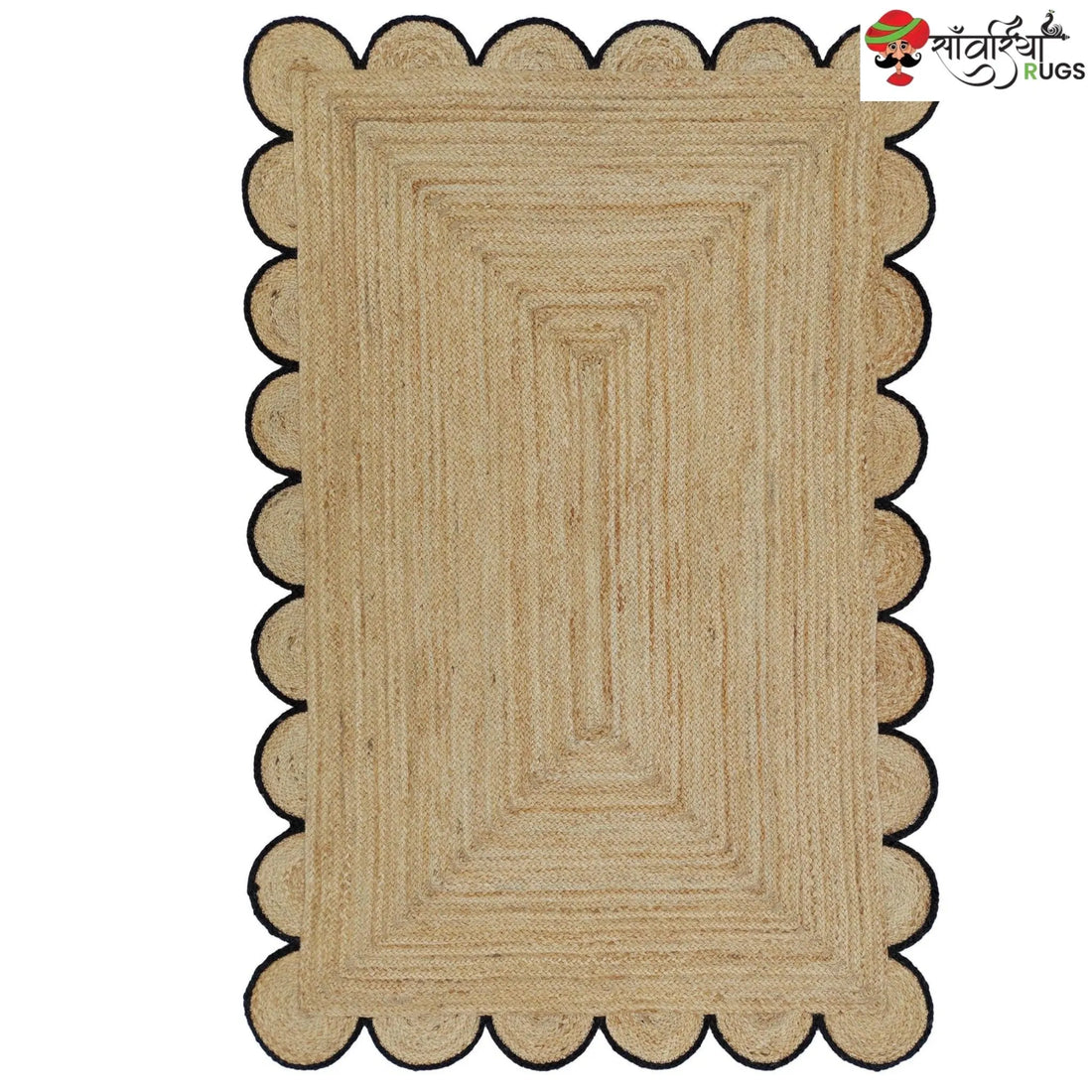 Handmade Braided Natural Jute Area Rug with Scalloped Border & Multicolor Design