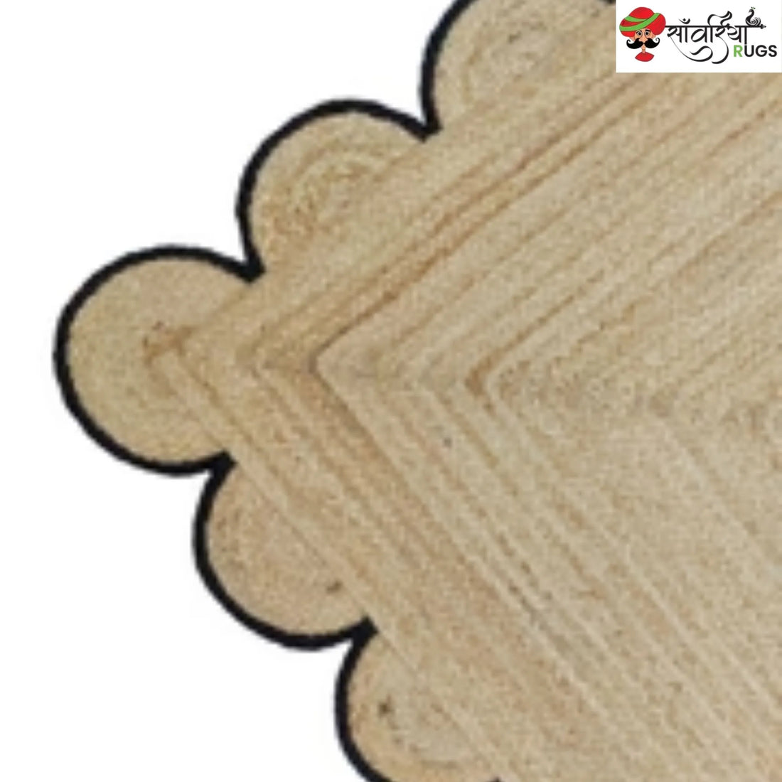 Handmade Braided Natural Jute Area Rug with Scalloped Border & Multicolor Design