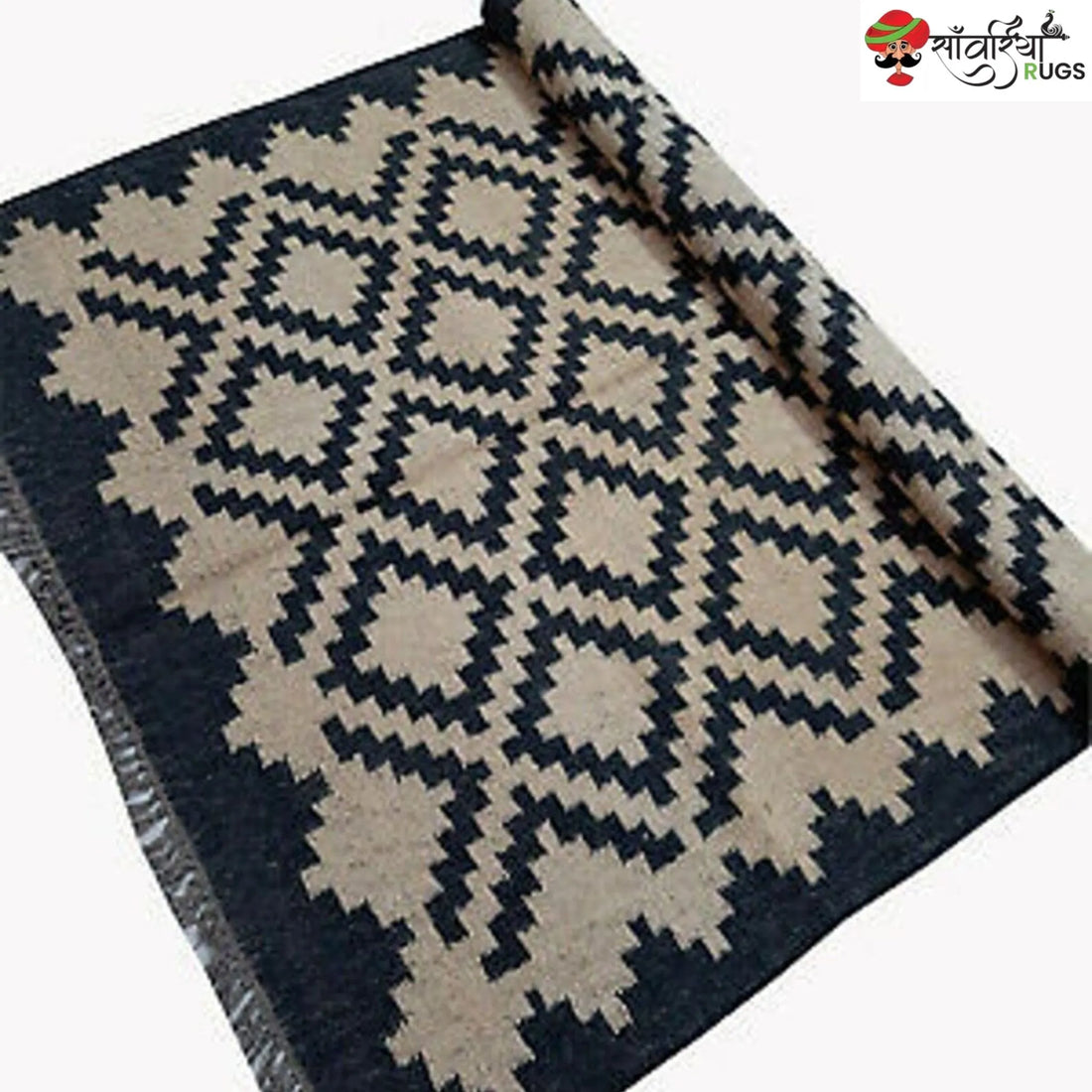 Handwoven Wool Jute Kilim Rug – Traditional Indian Dhurrie
