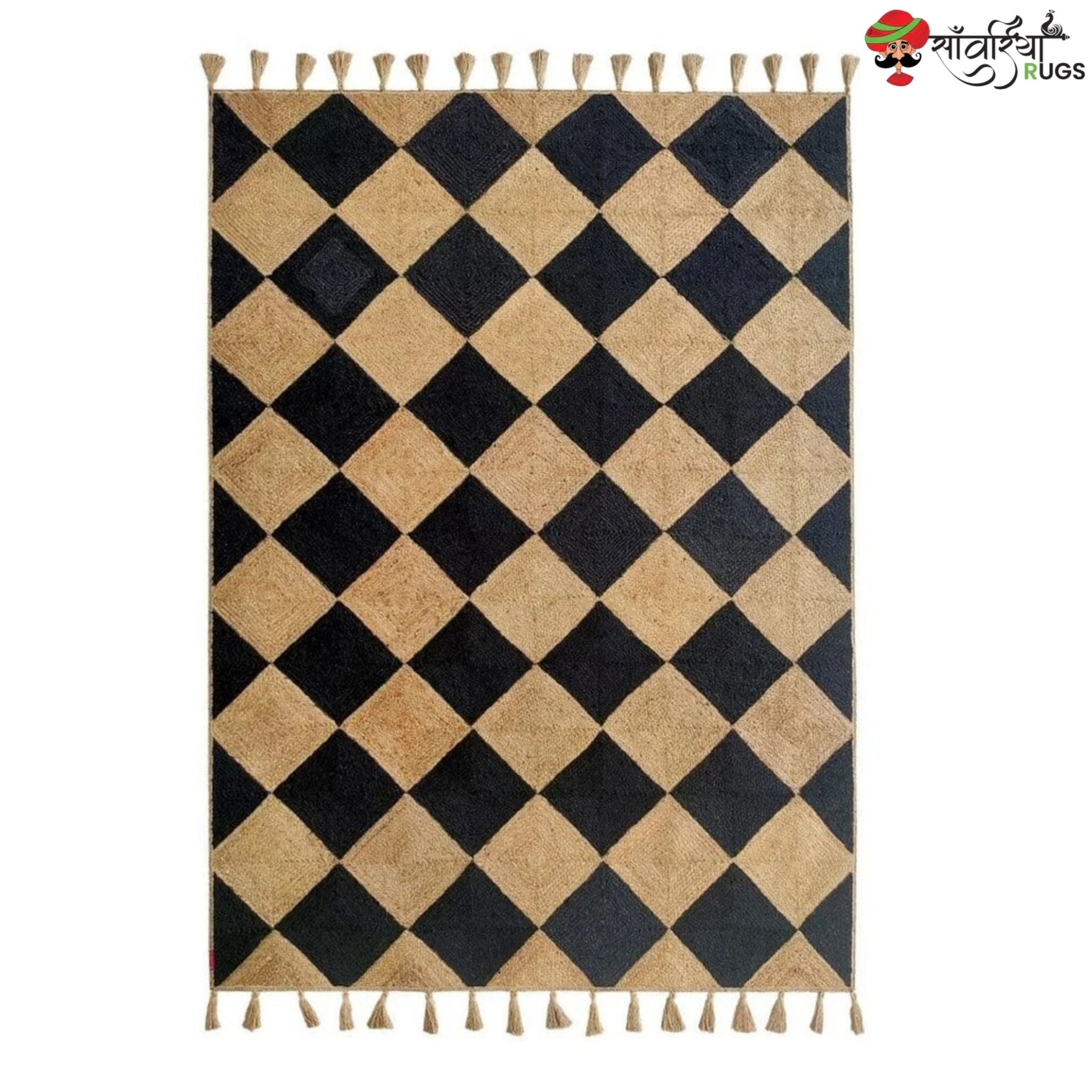 Handwoven Braided Jute Rug with Black Diamond Pattern & Tassels