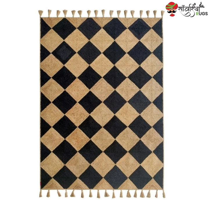Handwoven Braided Jute Rug with Black Diamond Pattern & Tassels