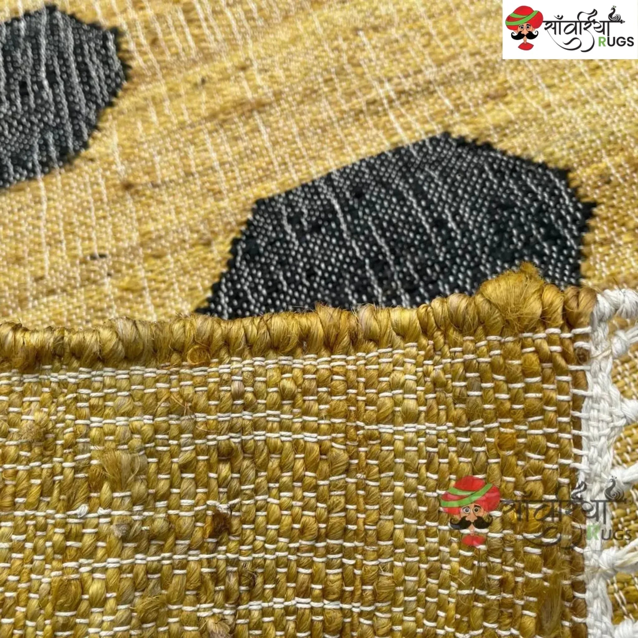 Handmade Yellow Black Jute Cotton Boho Geometric Rug