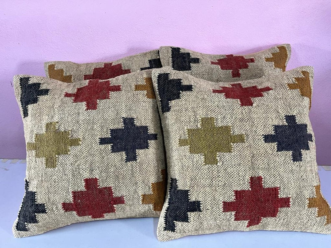 4 Set of Handmade Kilim Cushion Covers | Vintage Bohemian Throw Pillows | Wool & Jute Turkish Pillow Set for Home Decor