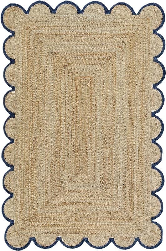 Handwoven Jute Rug – Scalloped Edge Rectangular Braided Decorative Rug