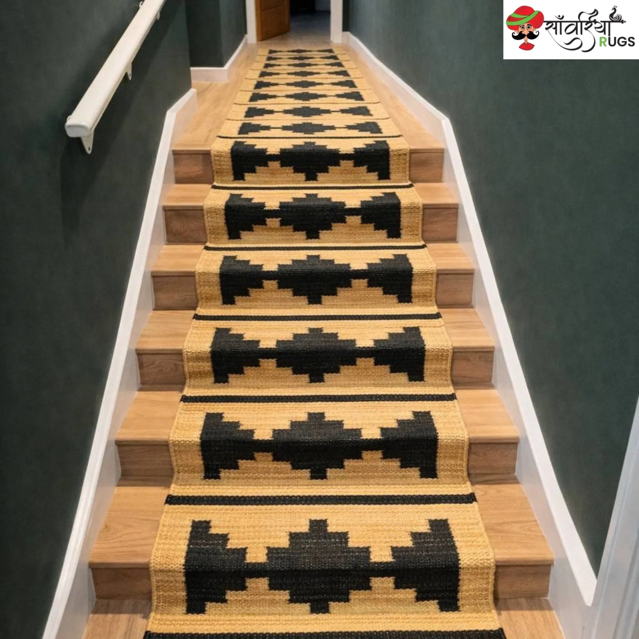 Handmade wool and jute stair runner rug with black diamond pattern