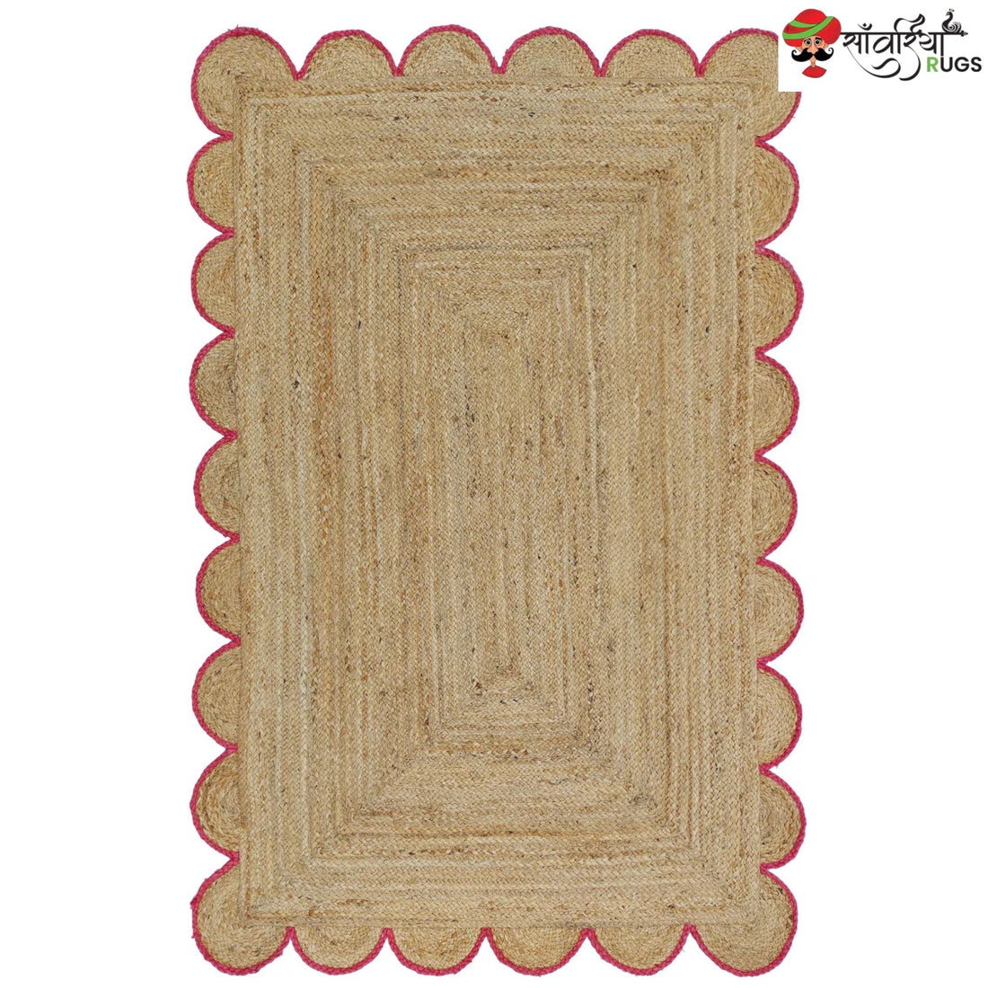 Handmade Braided Natural Jute Rug with Multicolor Scalloped Border