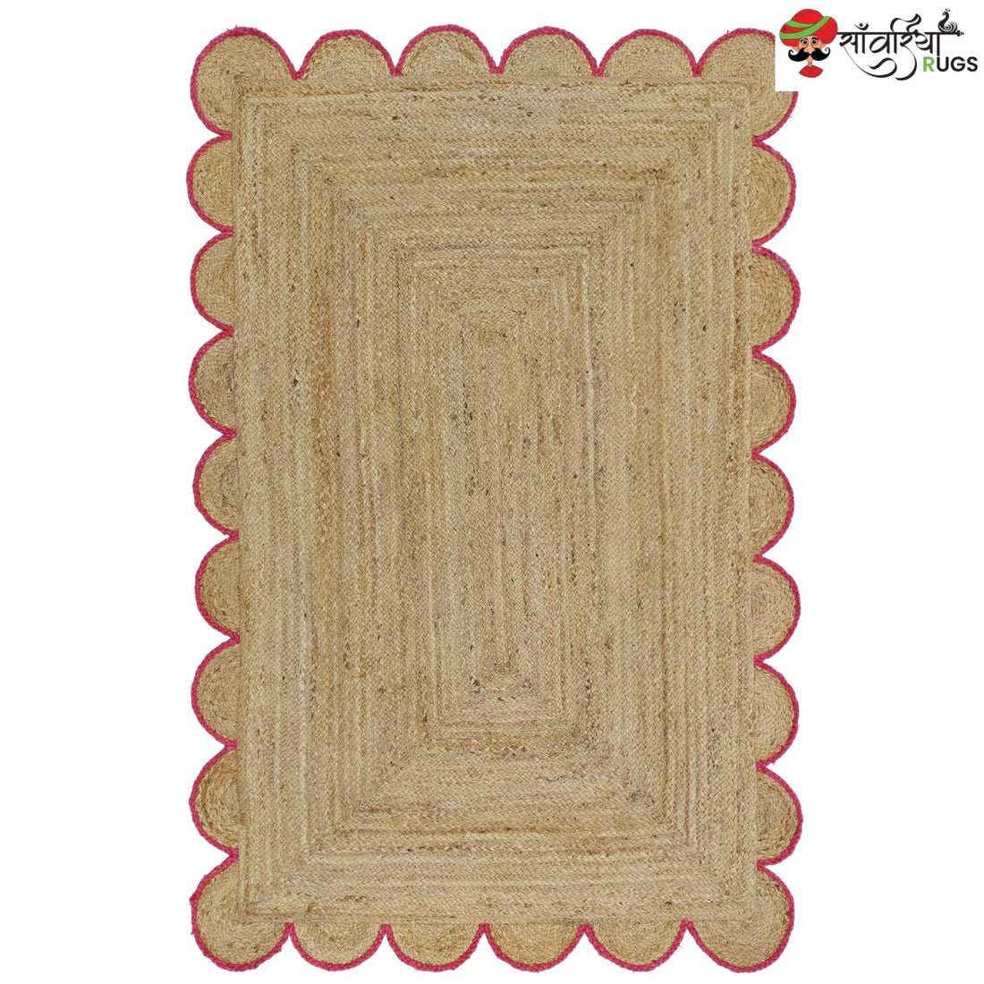 Handmade Braided Natural Jute Area Rug with Scalloped Border & Multicolor Design