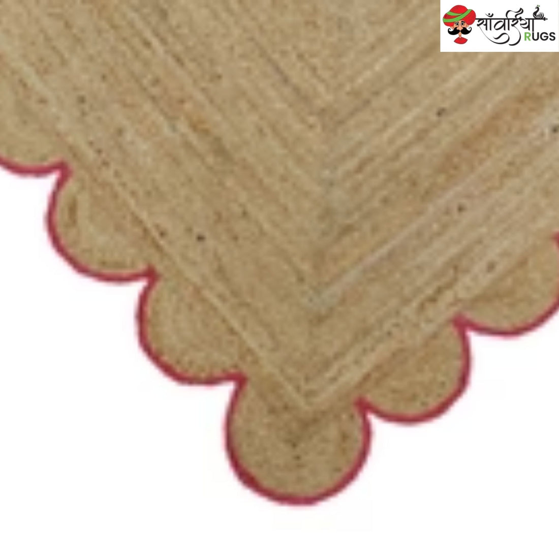 Handmade Braided Natural Jute Rug with Multicolor Scalloped Border