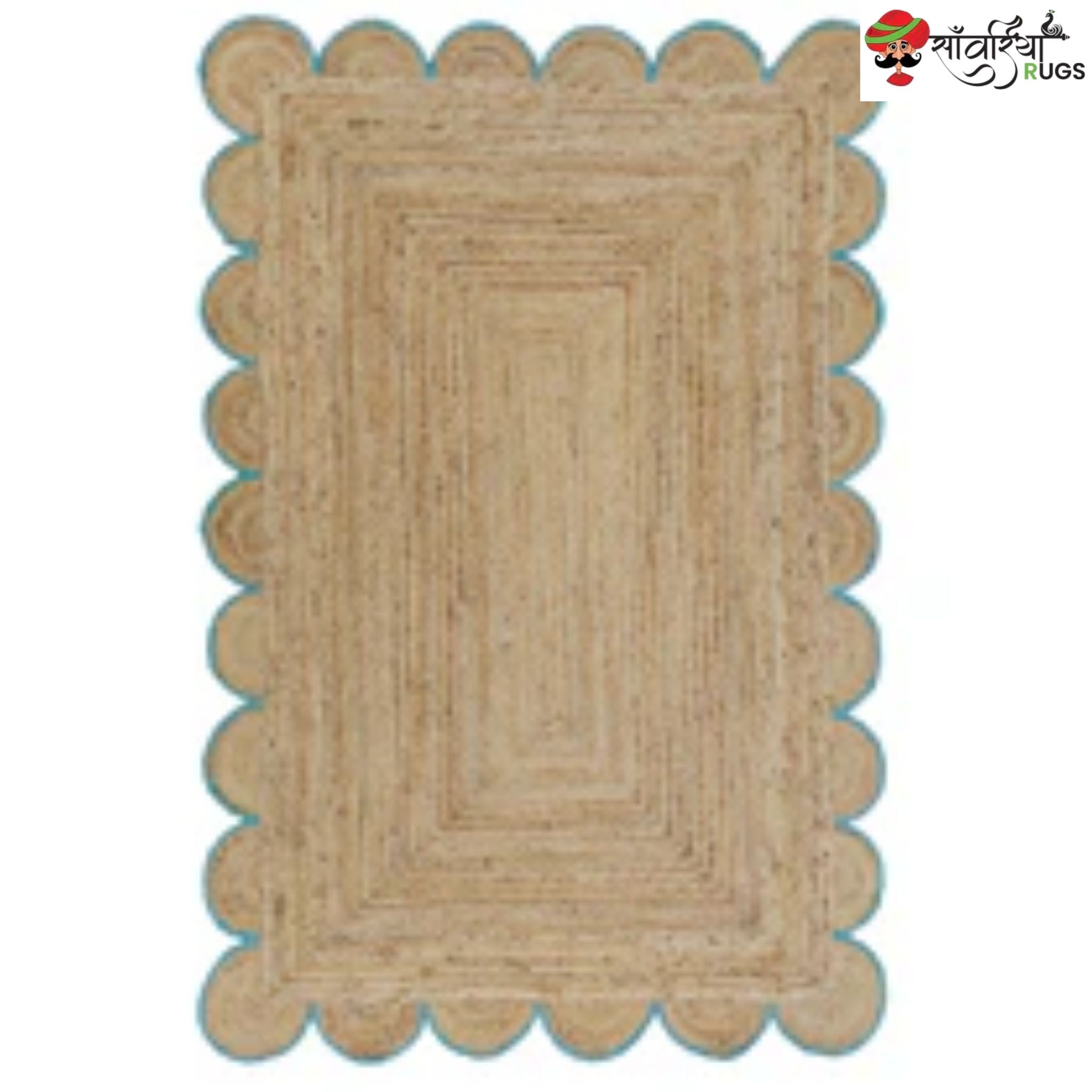 Handmade Braided Natural Jute Rug with Multicolor Scalloped Border