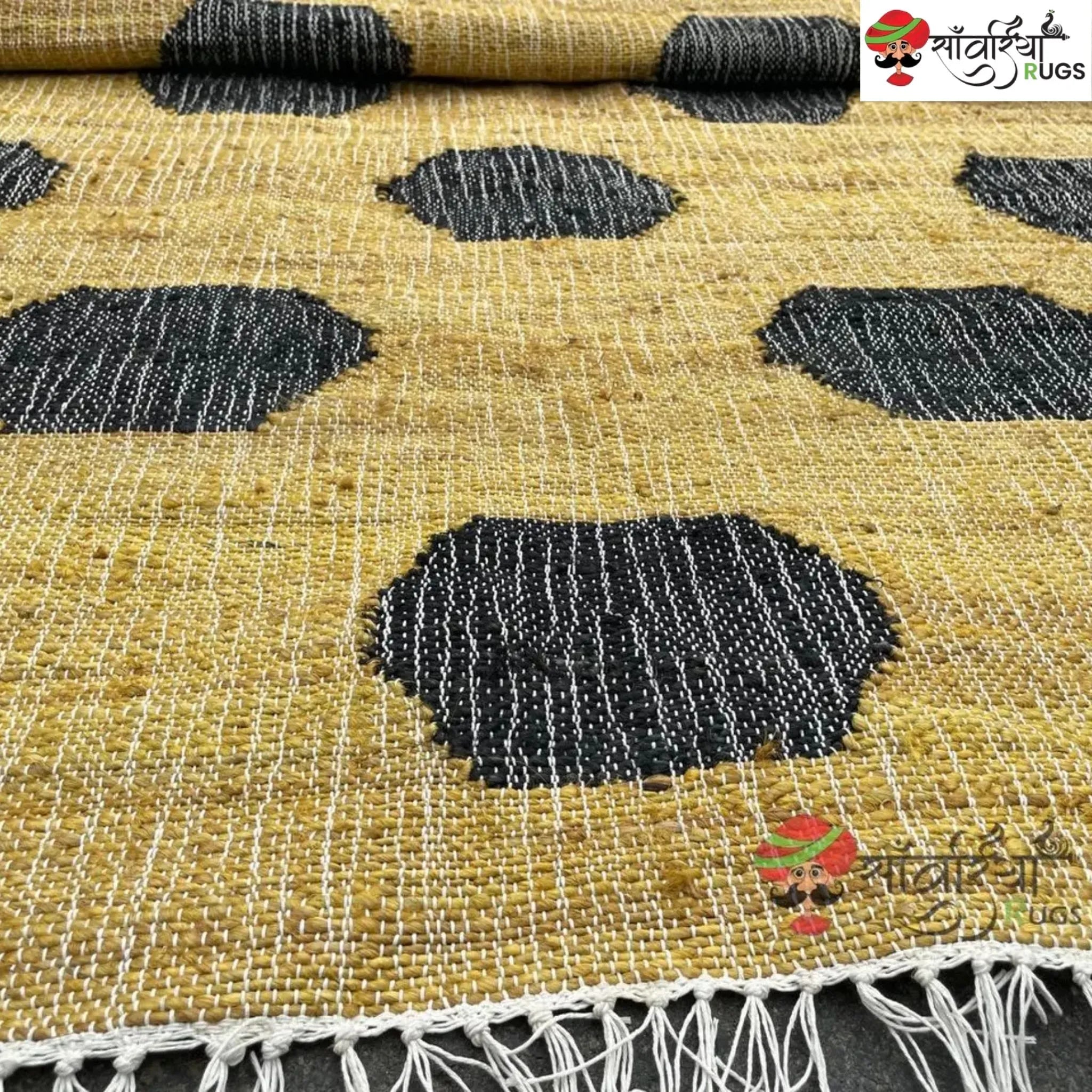 Handmade Yellow Black Jute Cotton Boho Geometric Rug