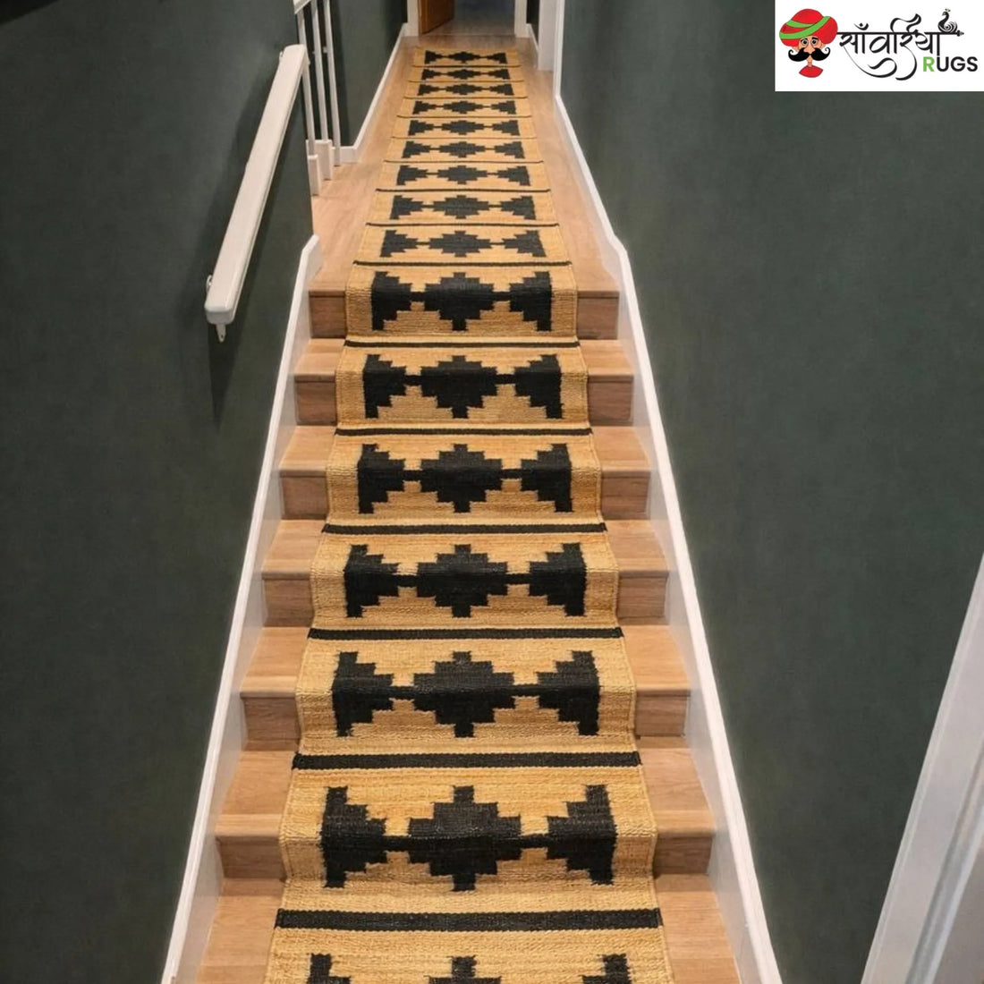 Handmade wool and jute stair runner rug with black diamond pattern