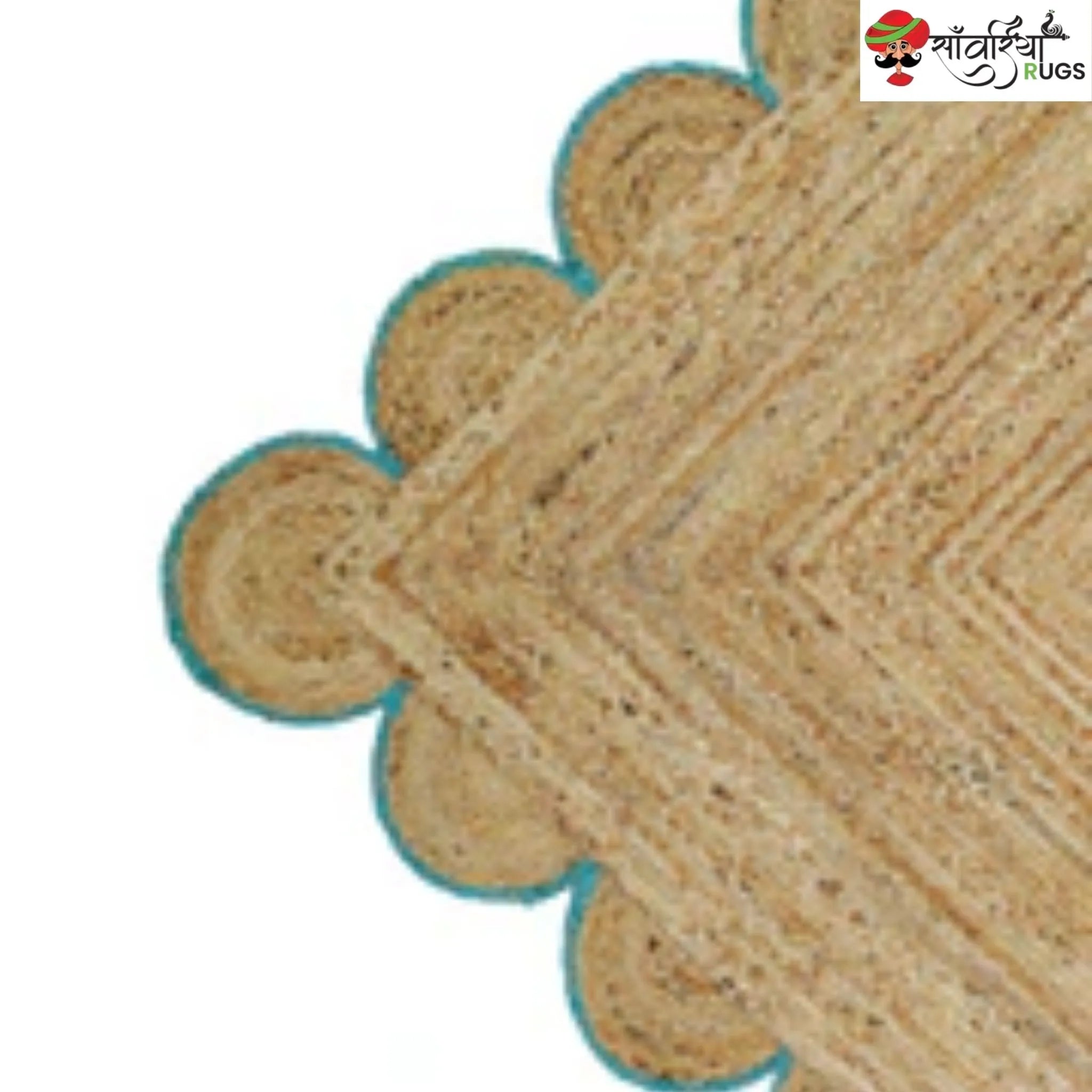 Handmade Braided Natural Jute Area Rug with Scalloped Border & Multicolor Design