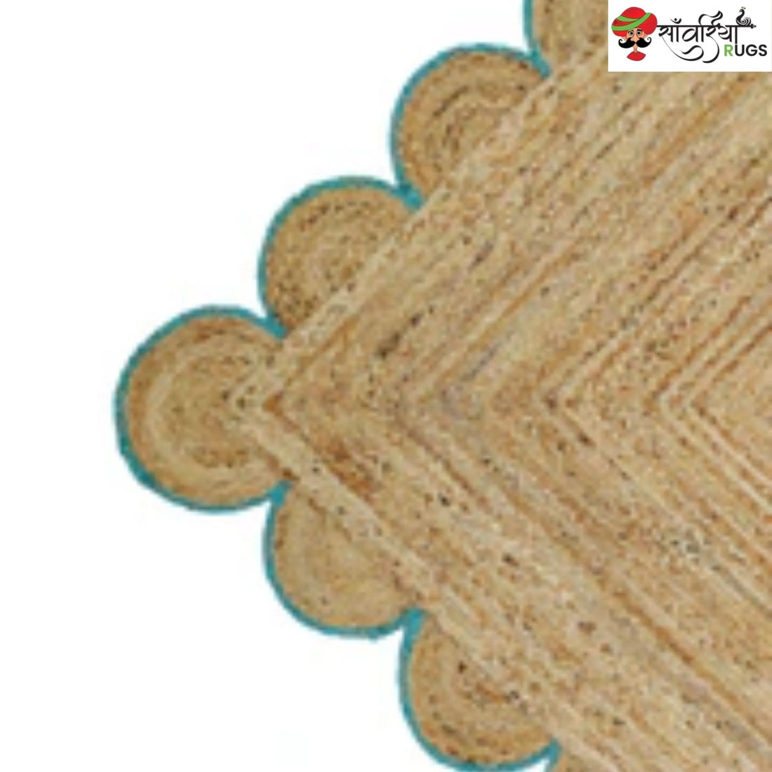 Handmade Braided Natural Jute Area Rug with Scalloped Border & Multicolor Design