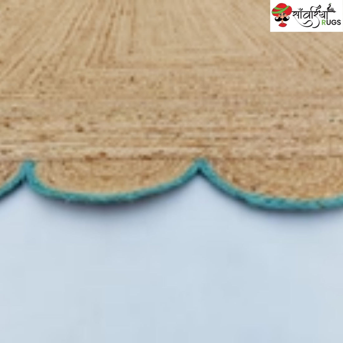 Handmade Braided Natural Jute Rug with Multicolor Scalloped Border