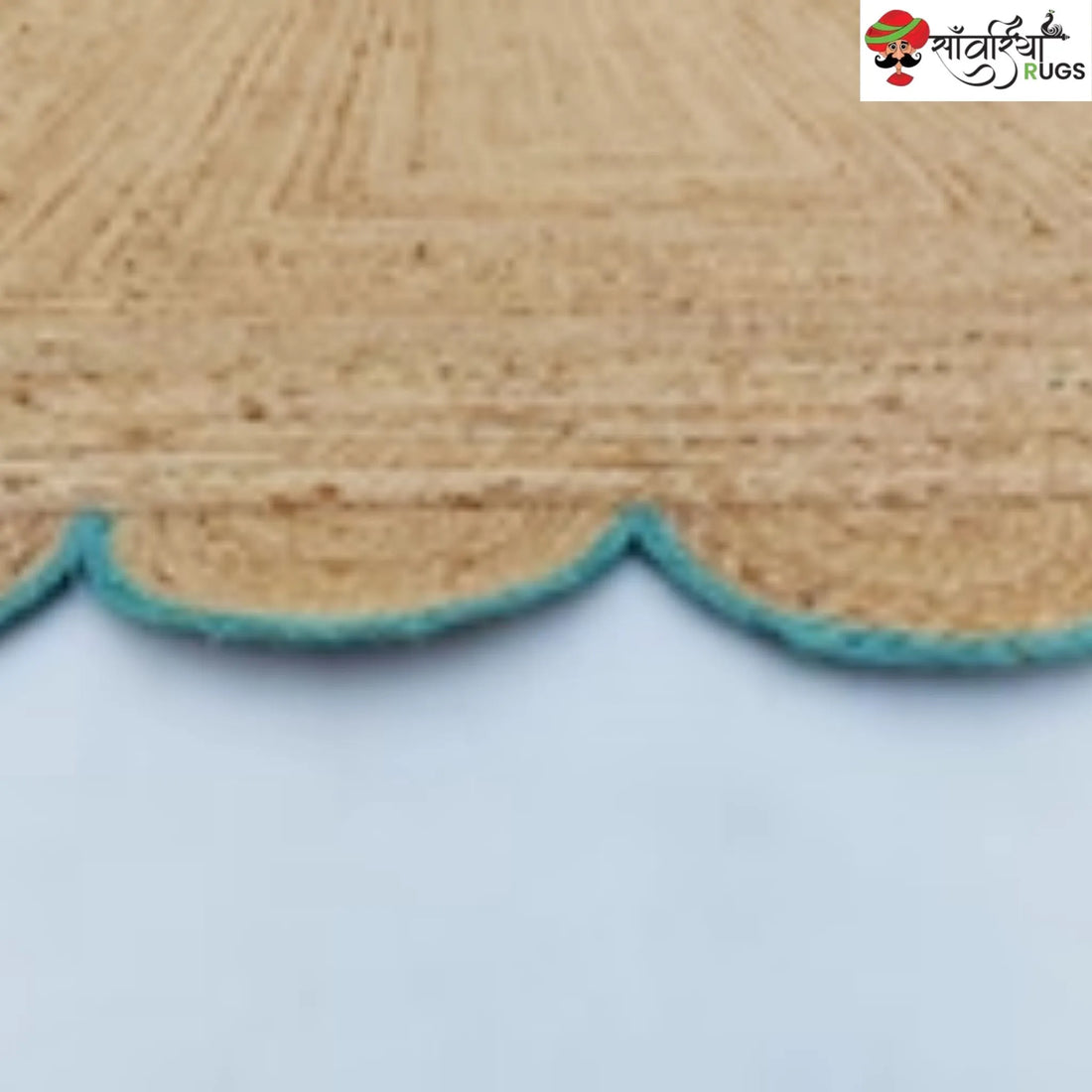 Handmade Braided Natural Jute Area Rug with Scalloped Border & Multicolor Design