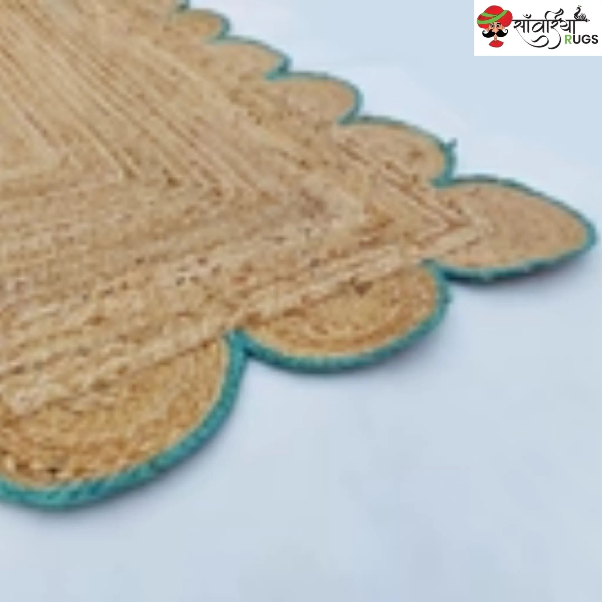 Handmade Braided Natural Jute Area Rug with Scalloped Border & Multicolor Design