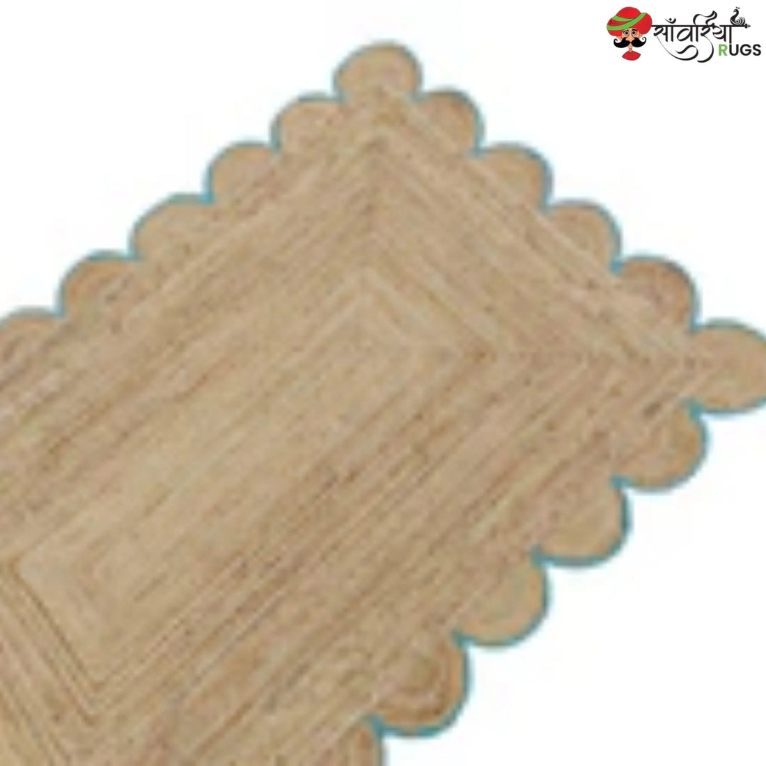 Handmade Braided Natural Jute Area Rug with Scalloped Border & Multicolor Design