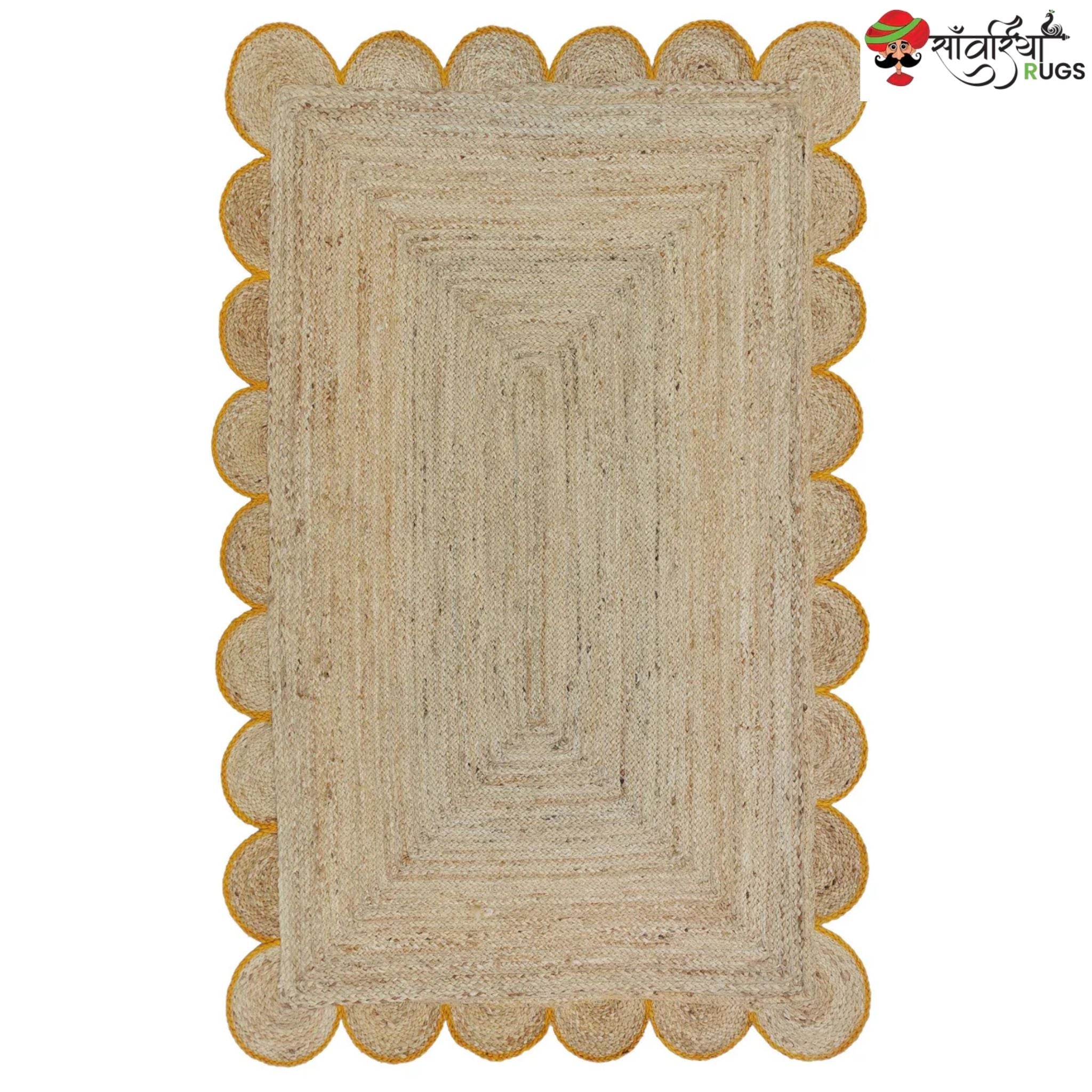 Handmade Braided Natural Jute Rug with Multicolor Scalloped Border