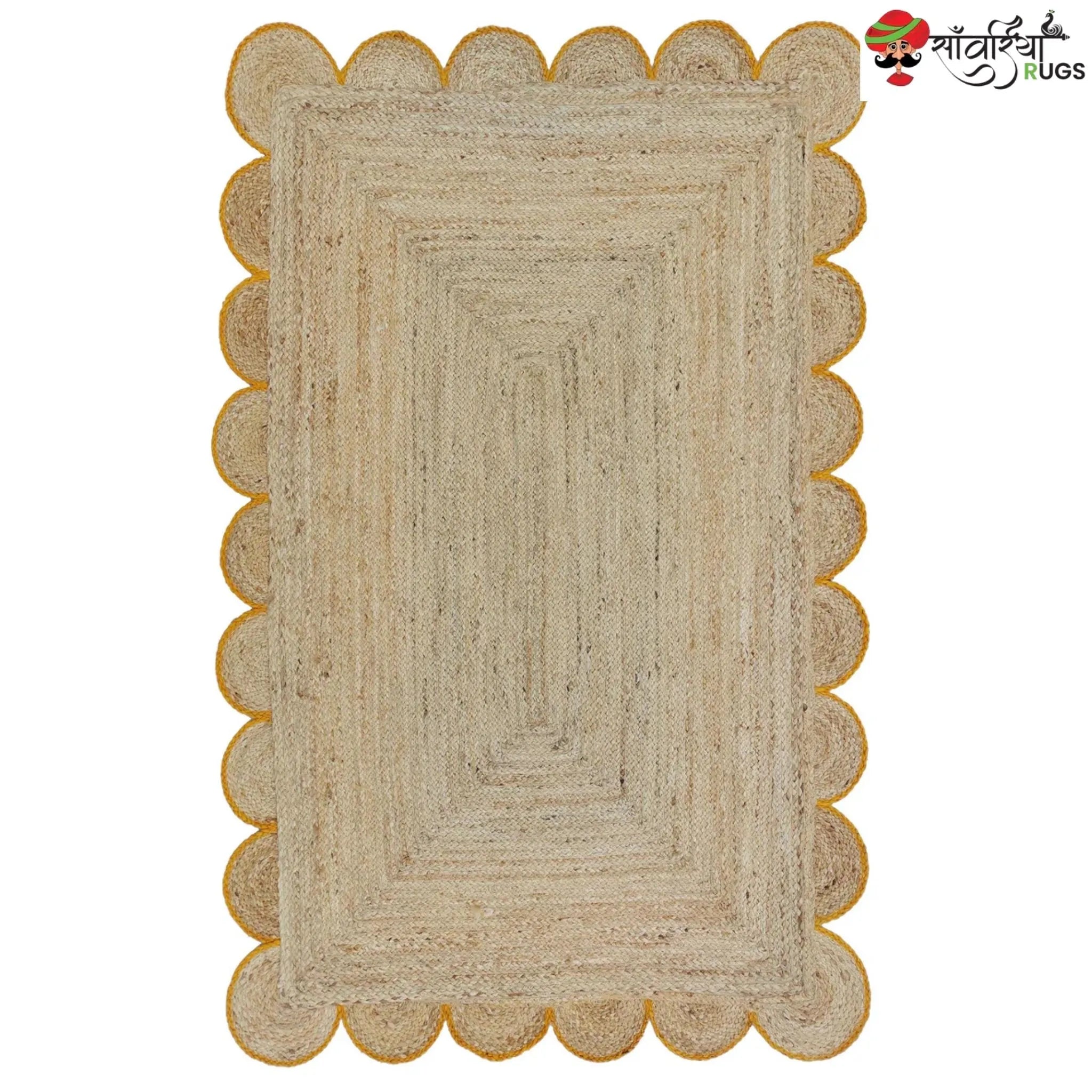 Handmade Braided Natural Jute Area Rug with Scalloped Border & Multicolor Design