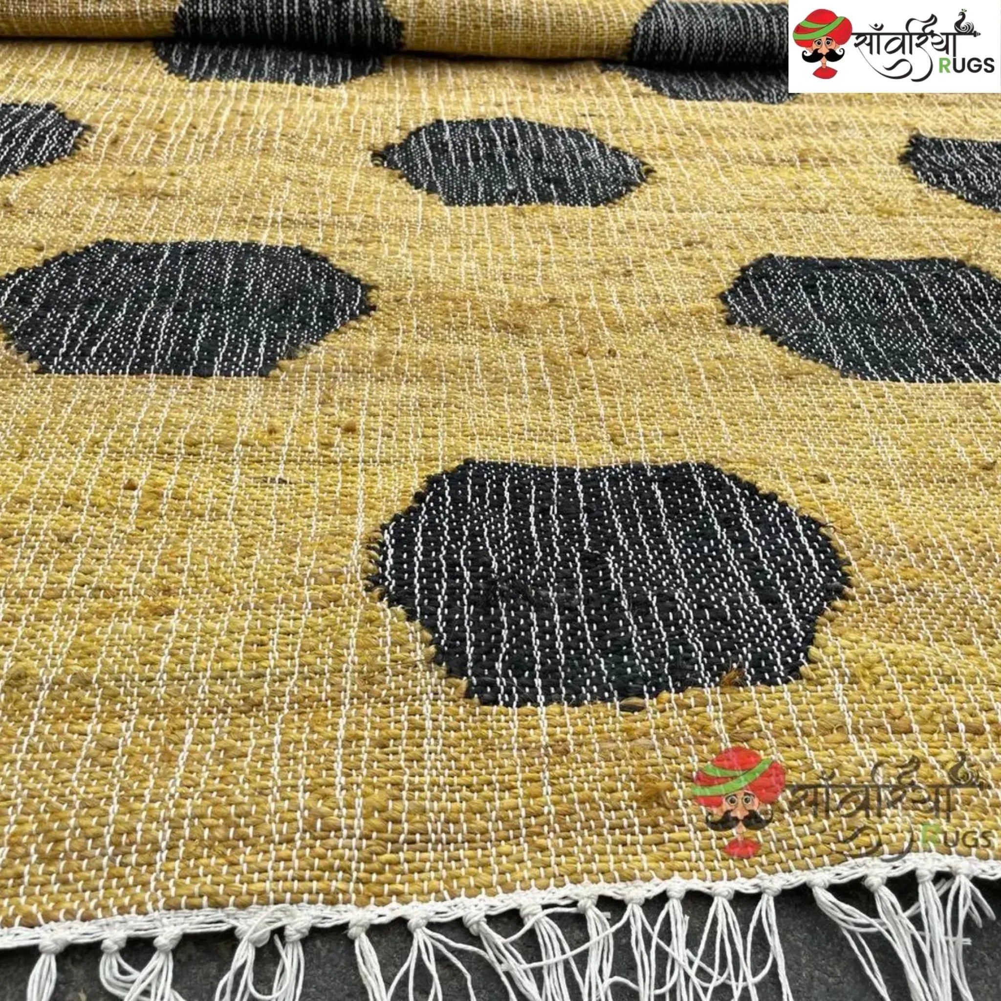 Handmade Yellow Black Jute Cotton Boho Geometric Rug