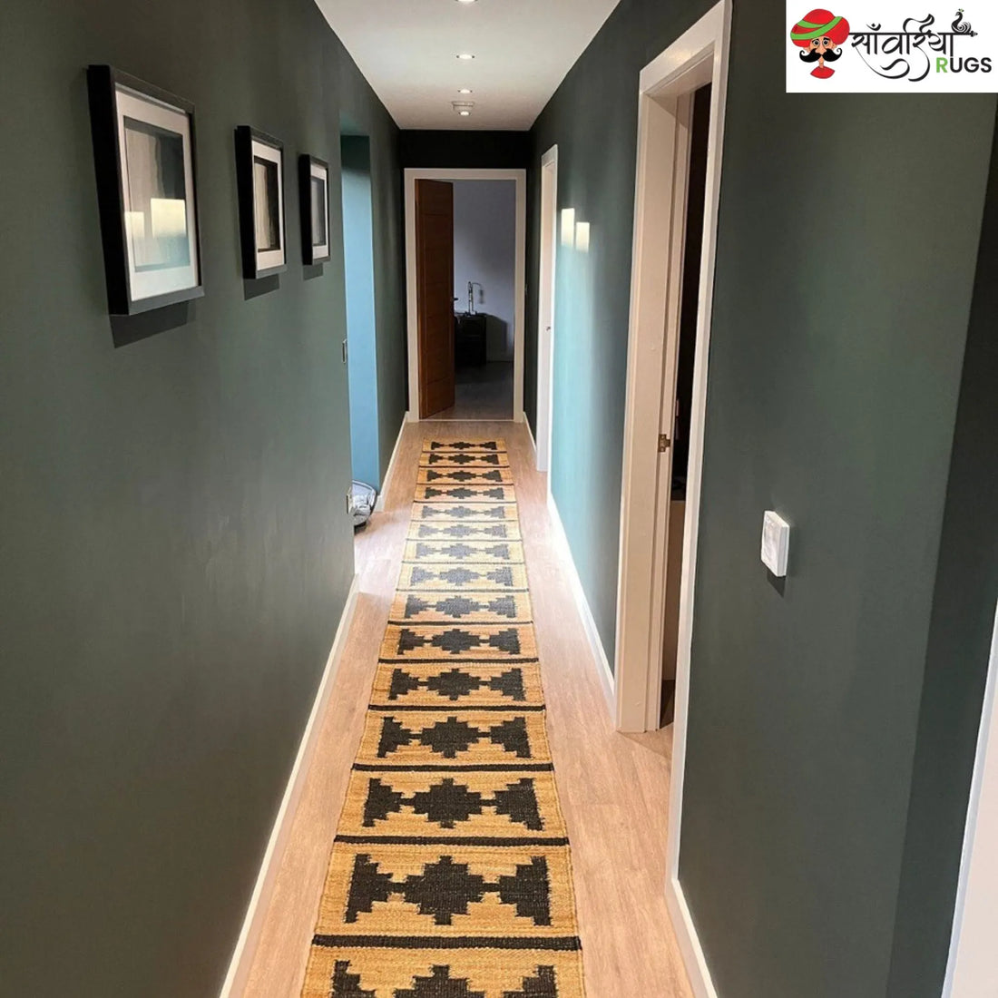 Handmade wool and jute stair runner rug with black diamond pattern