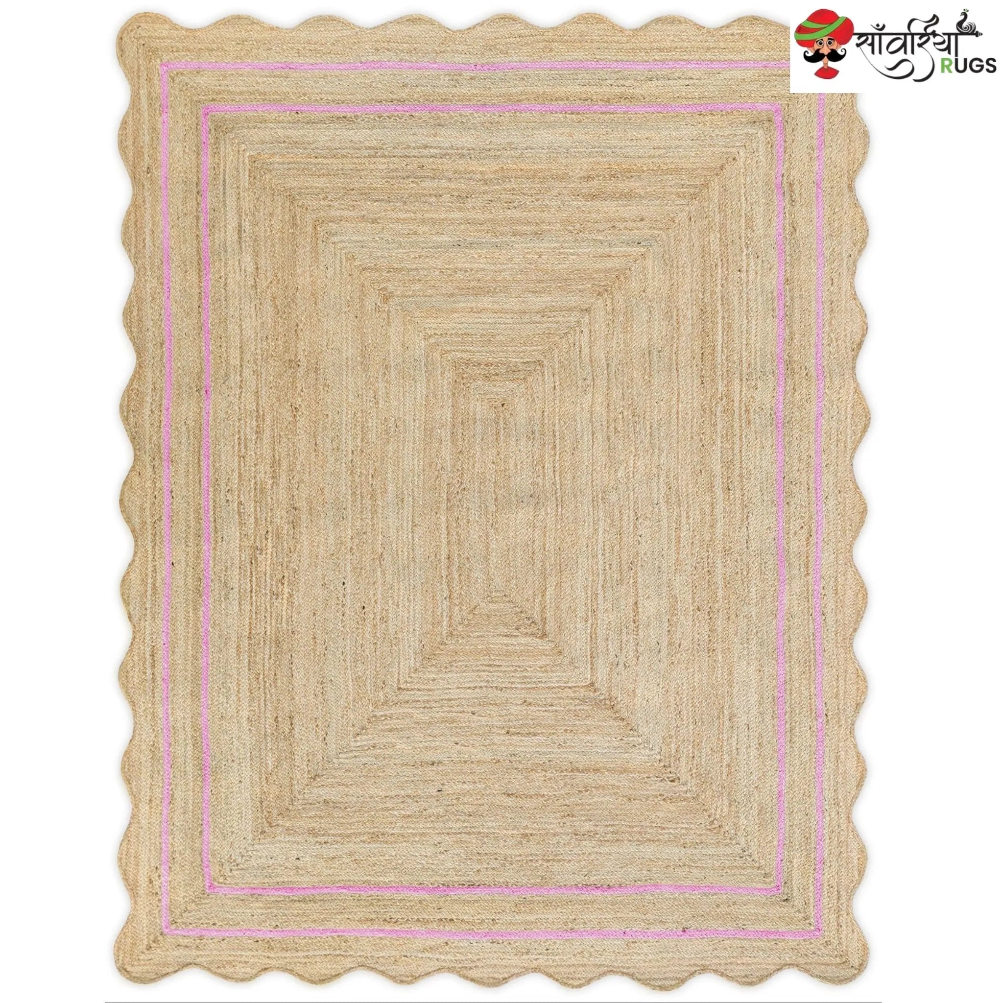 Handwoven Wave Scalloped Natural Jute Rug with Multicolor Border