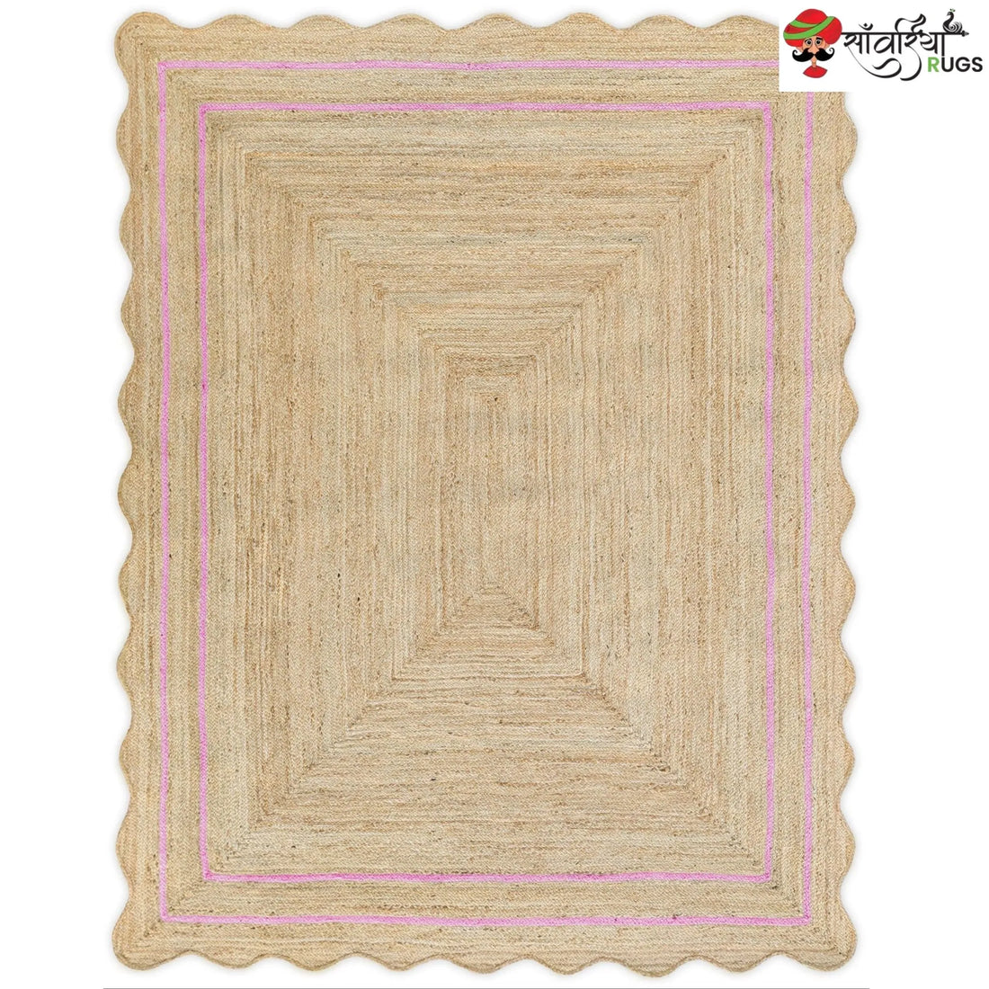 Handwoven Wave Scalloped Natural Jute Rug with Multicolor Border