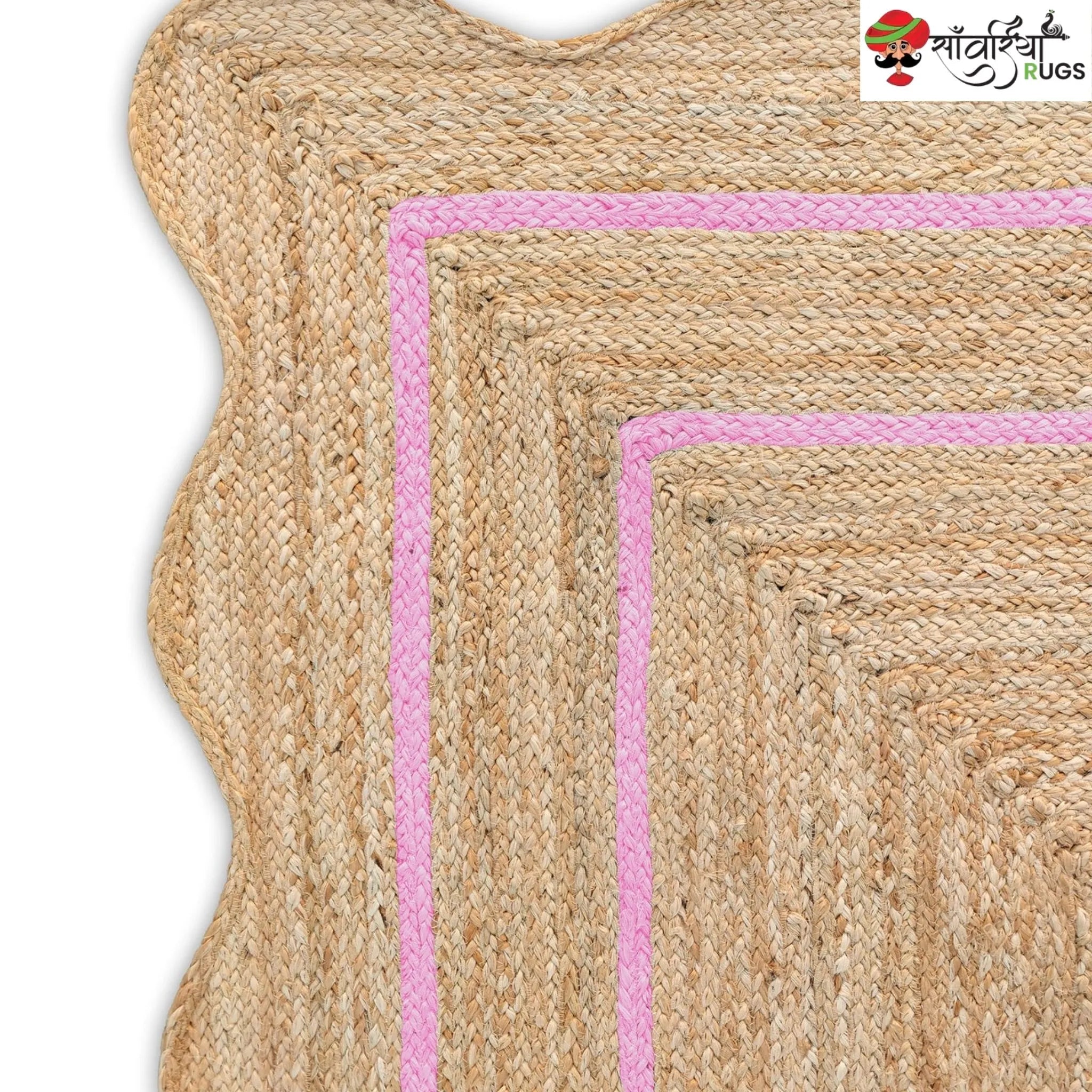 Handwoven Wave Scalloped Natural Jute Rug with Multicolor Border