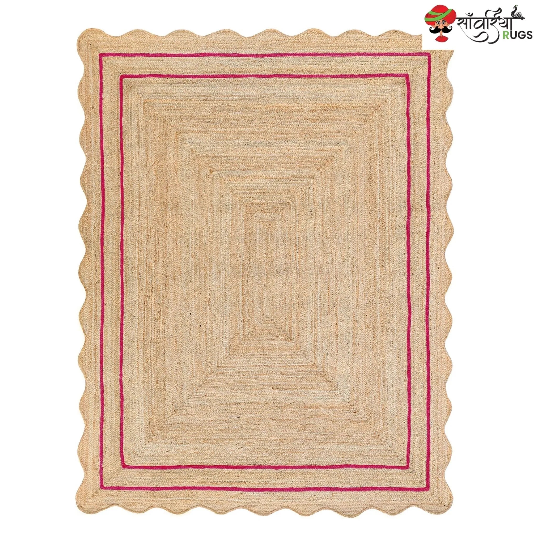 Handwoven Wave Scalloped Natural Jute Rug with Multicolor Border