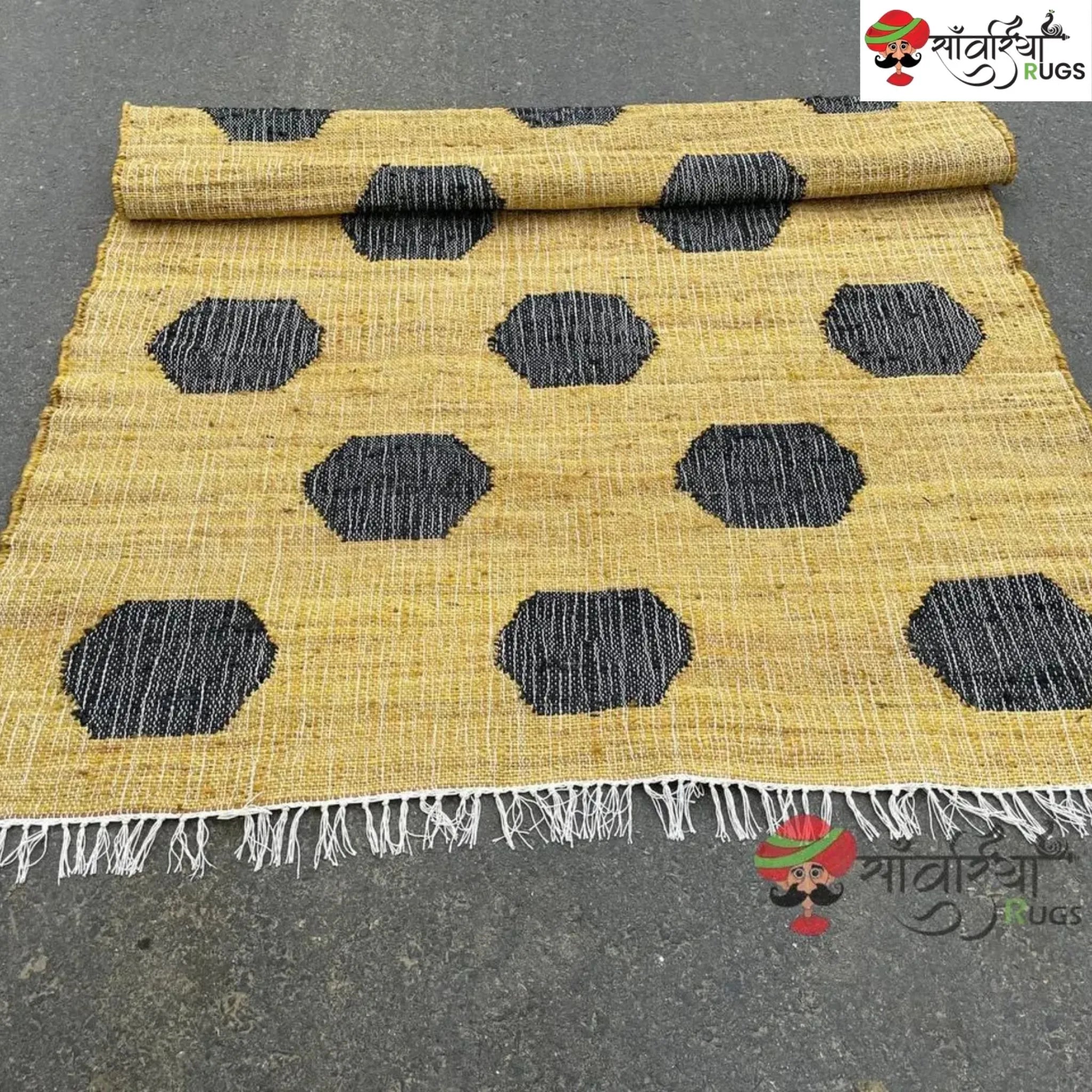 Handmade Yellow Black Jute Cotton Boho Geometric Rug