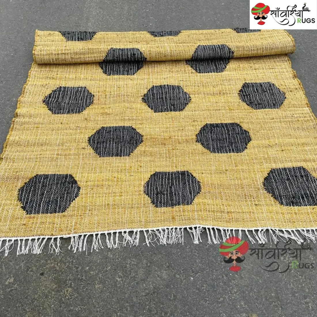 Handmade Yellow Black Jute Cotton Boho Geometric Rug