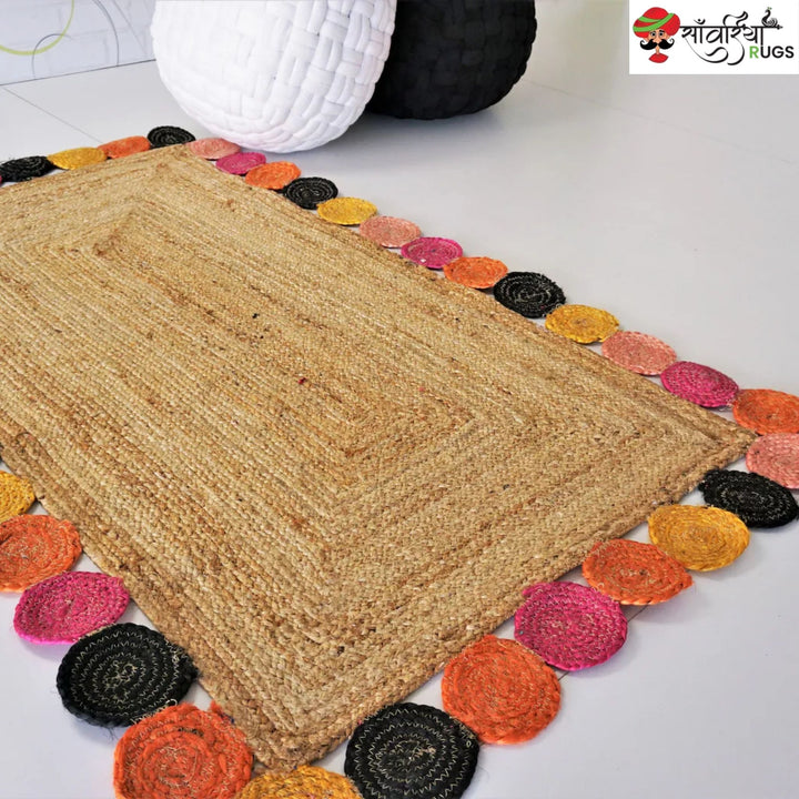 Handmade Natural Jute Braided Rug with Colorful Scalloped Edges
