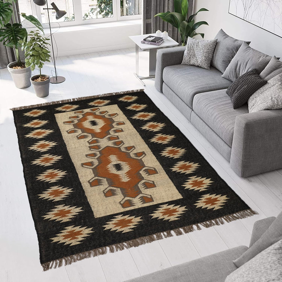 Handwoven Kilim Wool Jute Rug Geometric Pattern, Non-Slip, Versatile for Living, Bedroom & Kids Room