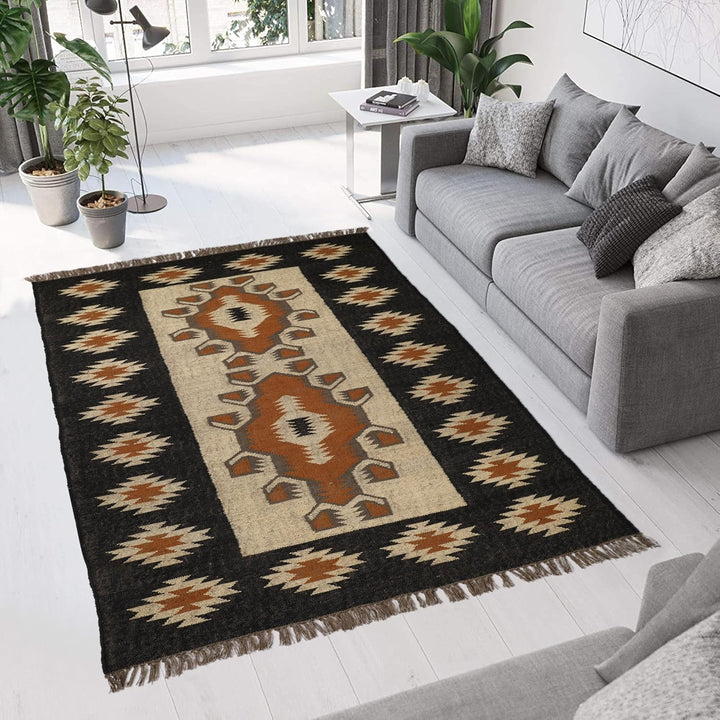 Handwoven Kilim Wool Jute Rug Geometric Pattern, Non-Slip, Versatile for Living, Bedroom & Kids Room