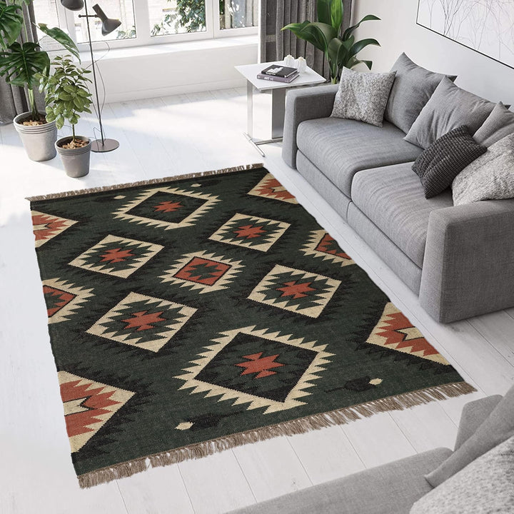 Handwoven Kilim Wool Jute Rug Geometric Pattern, Non-Slip, Versatile for Living, Bedroom & Kids Room