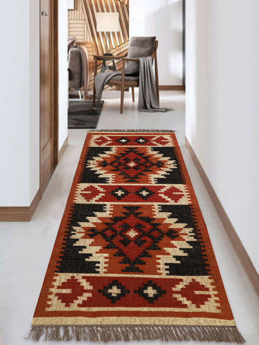 Handwoven Wool Jute Kilim Runner – Oriental Indian Geometric Motifs