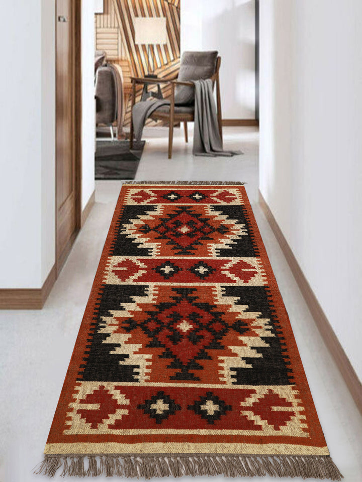 Handwoven Wool Jute Kilim Runner – Oriental Indian Geometric Motifs