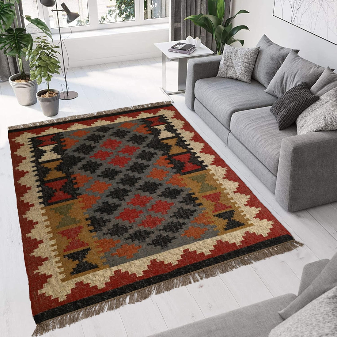 Handwoven Kilim Wool Jute Rug Geometric Pattern, Non-Slip, Versatile for Living, Bedroom & Kids Room
