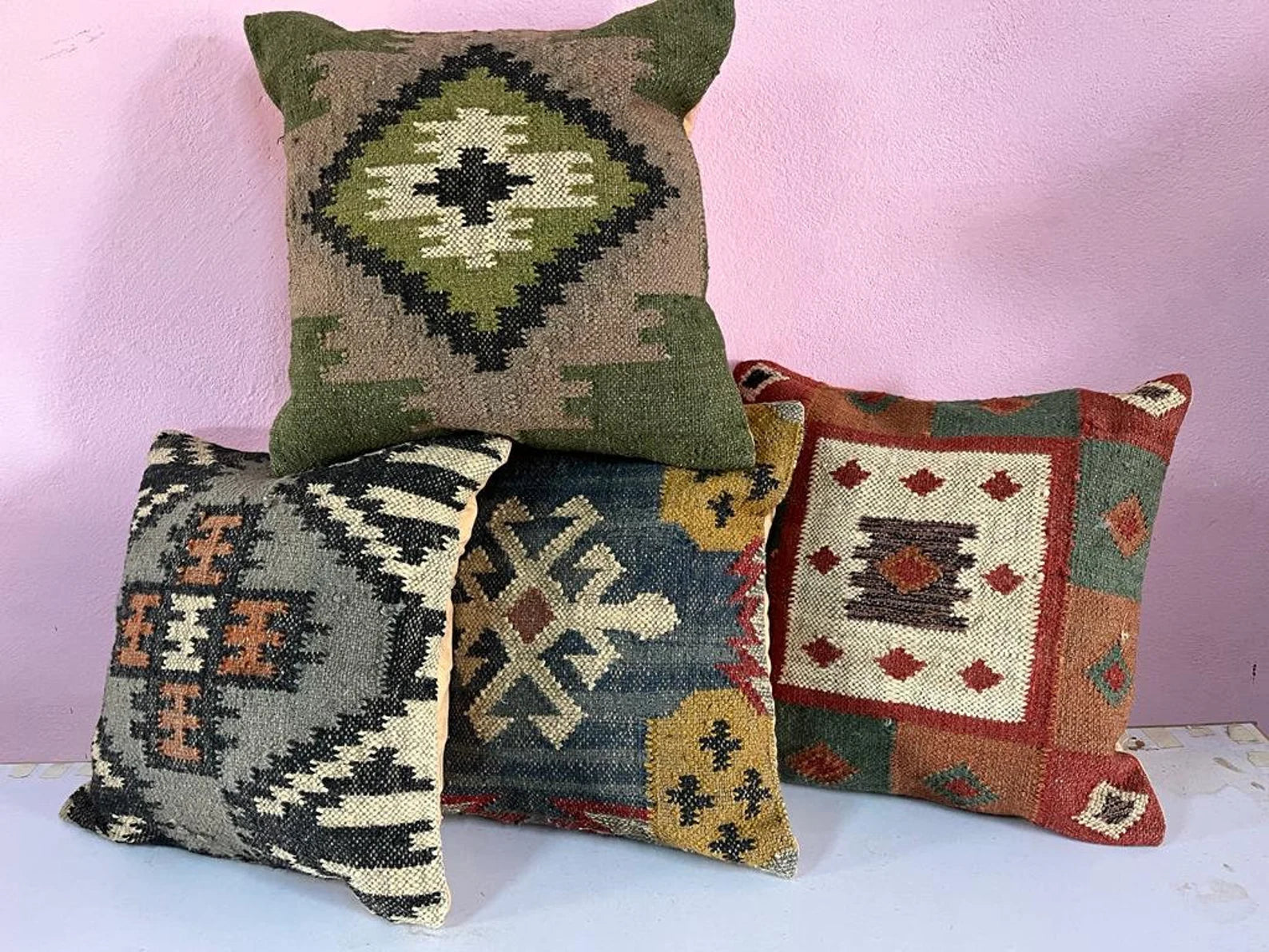 4 Set of Vintage Kilim Pillow | Handwoven Turkish Kilim Cushion Covers | Bohemian Decorative Throw Pillow | Home Decor