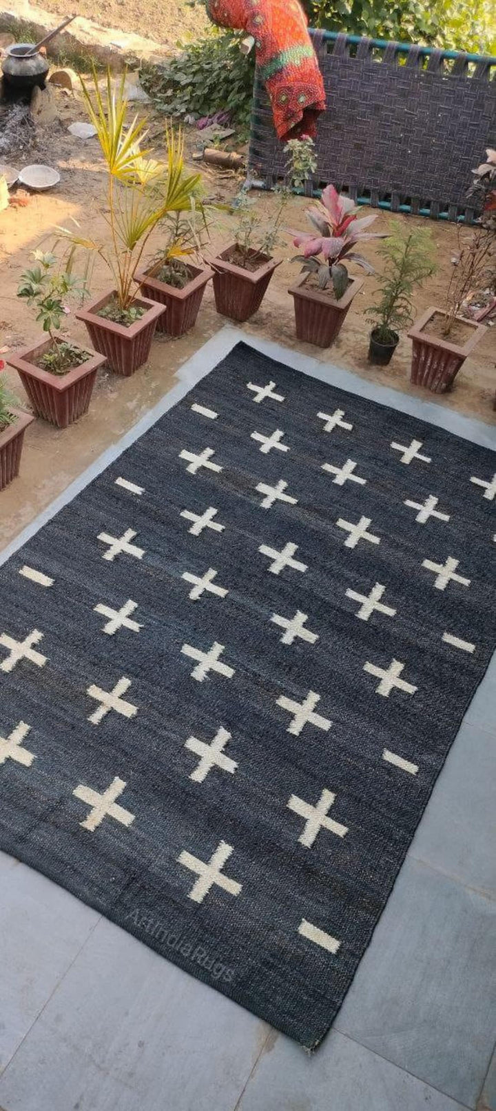 Handwoven Black Jute Area Rug – Plus Cross Design