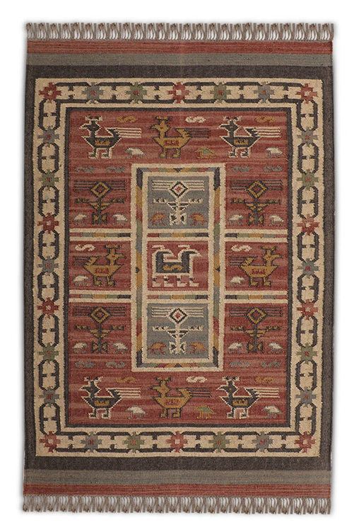 Handwoven Rajasthani Wool Jute Kilim Rug – Tribal Animal Motif Carpet in Rust Red, Mustard & Indigo 8X10 FEET