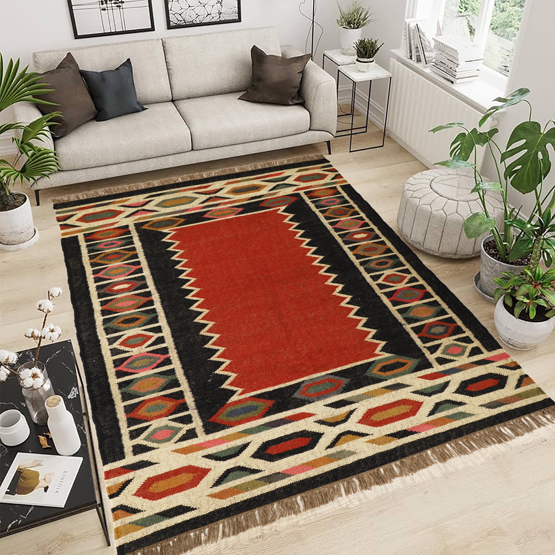 Handwoven Wool & Jute Kilim Rug for Red & Black Traditional Indian Interiors