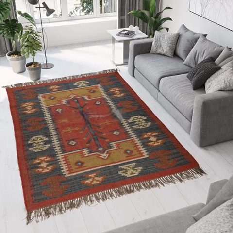Traditional Rajasthani Wool Jute Kilim Rug – Handwoven Tribal Geometric Pattern in Rust, Mustard & Indigo