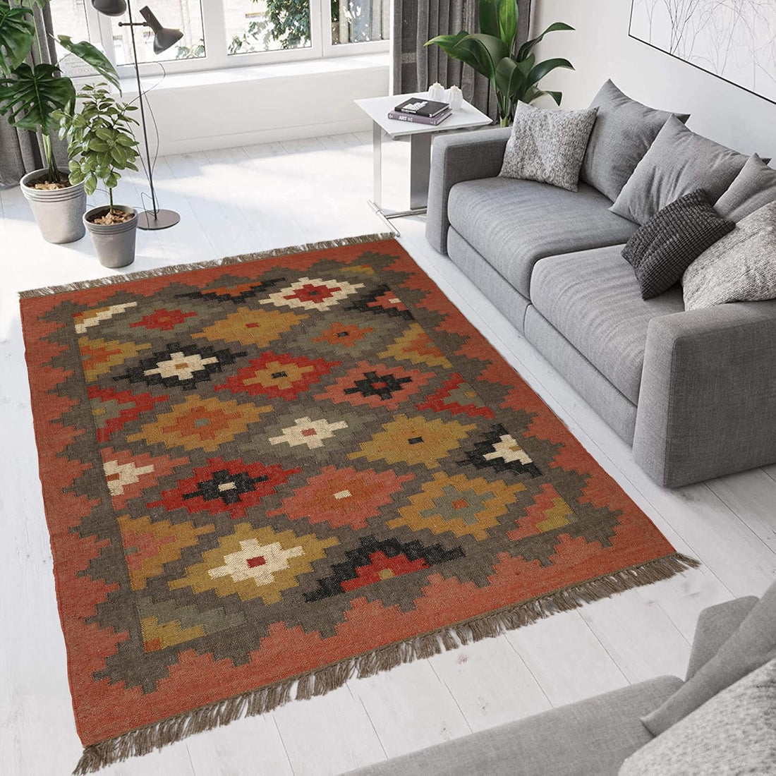 Handwoven Kilim Wool Jute Rug Geometric Pattern, Non-Slip, Versatile for Living, Bedroom & Kids Room