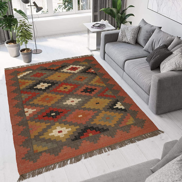 Handwoven Kilim Wool Jute Rug Geometric Pattern, Non-Slip, Versatile for Living, Bedroom & Kids Room