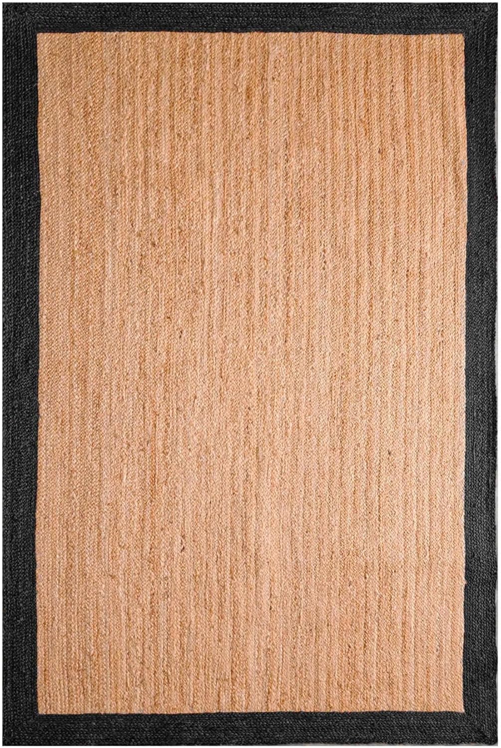 Beige Jute Braided Rectangle Rug with Multicolor Border – Handmade Natural Fiber Area Rug for Home Decor