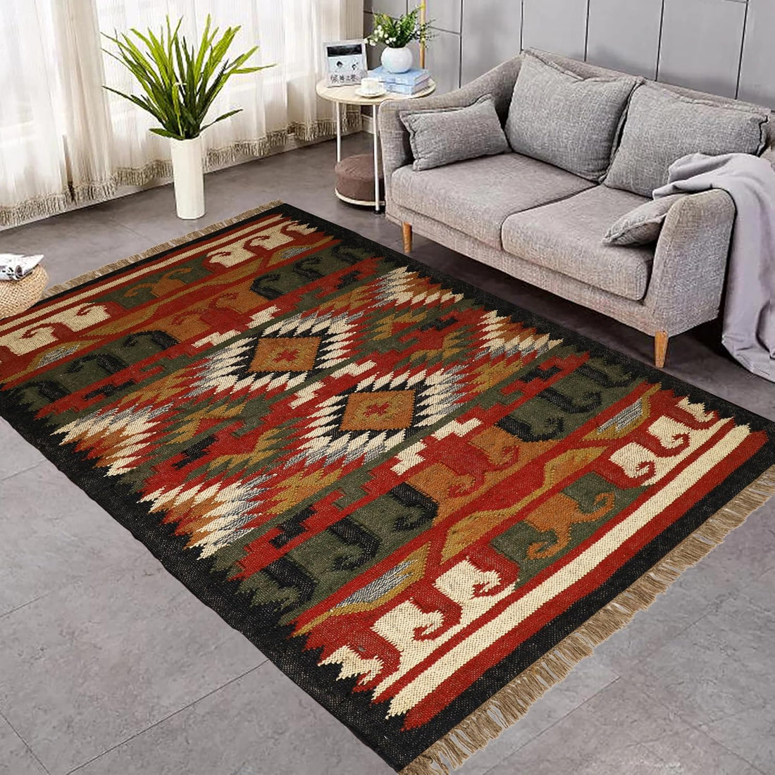 Handwoven Kilim Wool Jute Rug Geometric Pattern, Non-Slip, Versatile for Living, Bedroom & Kids Room