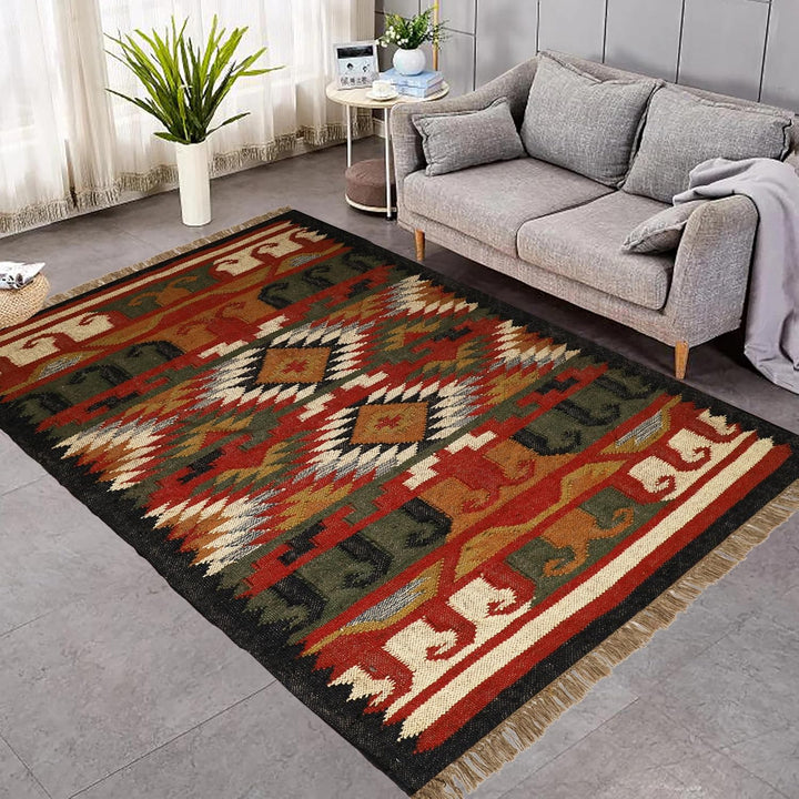 Handwoven Kilim Wool Jute Rug Geometric Pattern, Non-Slip, Versatile for Living, Bedroom & Kids Room