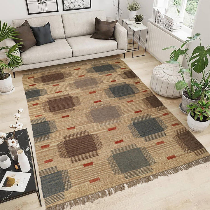 Handwoven Kilim Wool Jute Rug Geometric Pattern, Non-Slip, Versatile for Living, Bedroom & Kids Room