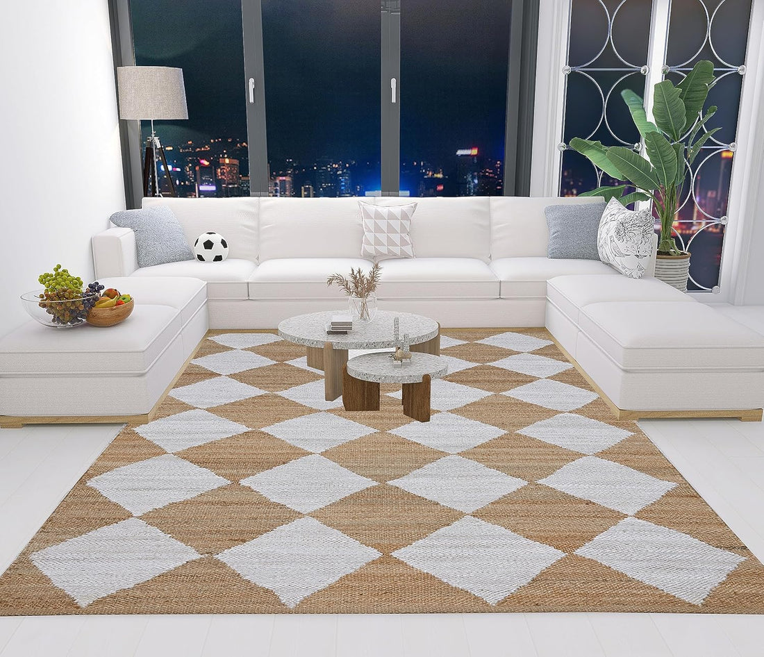 Handwoven Hemp Jute Rug – Natural & White Checkerboard